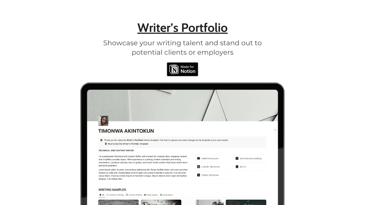 Writer's Portfolio Notion Template — preview 1 of 3